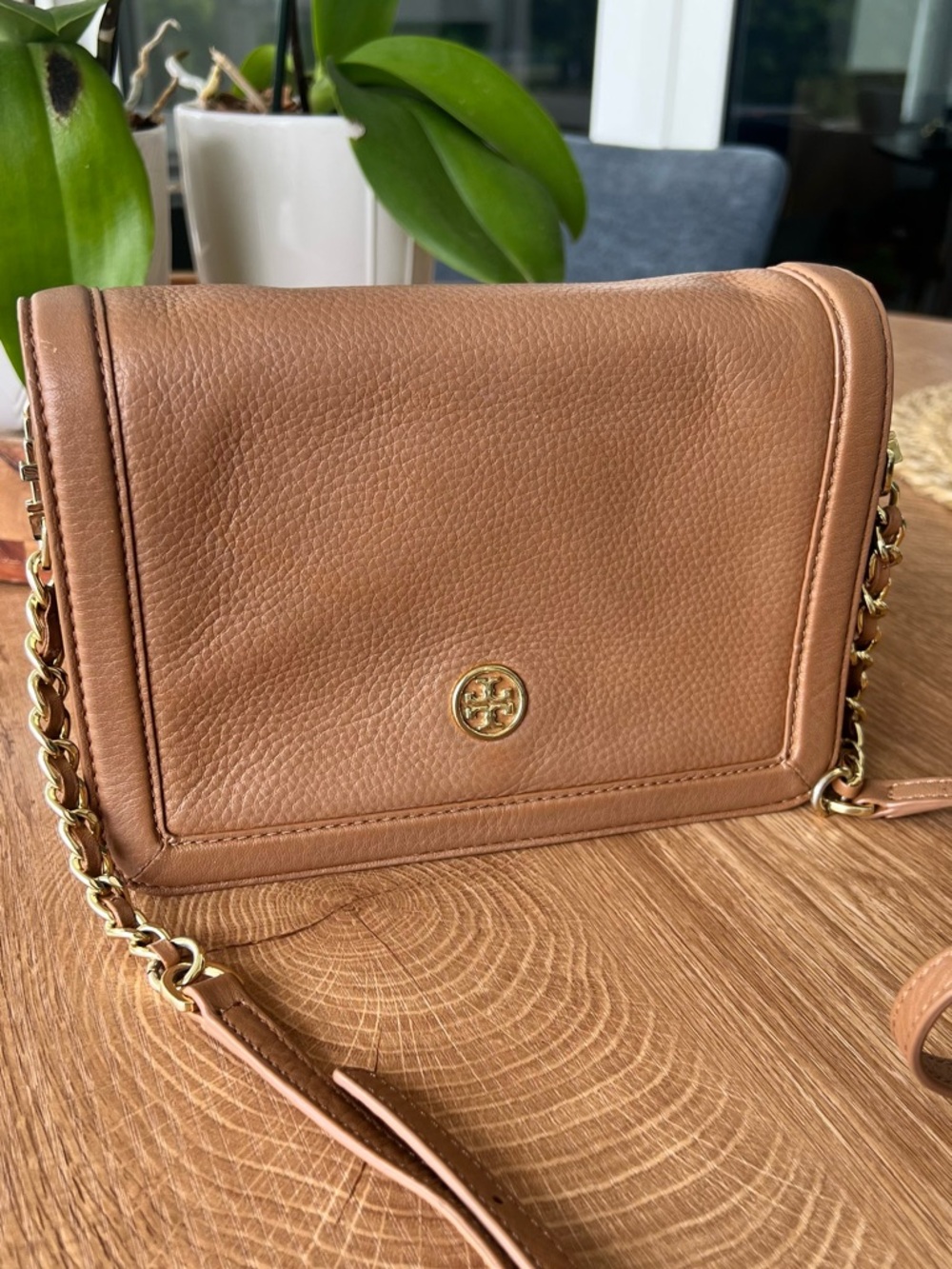 Tory Burch Brown/Tan Pebbled Leather Chain Crossbody